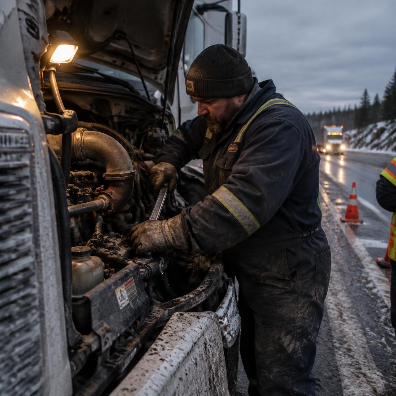 Diesel mechanic working on a truck engine